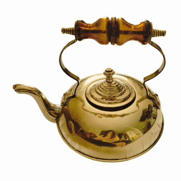 Vintage Ornate Brass & Amber Glass Handle Footed Teapot - Picture 2 of 9